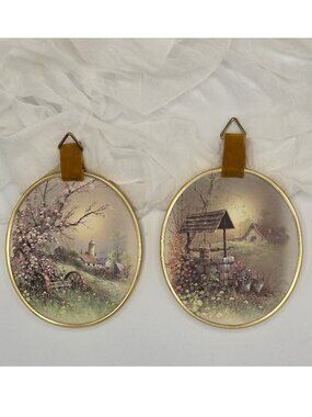 Ecstasy Giftware Miniature Oval Prints, Set of 2, Faux Brass Framed Art 1970s